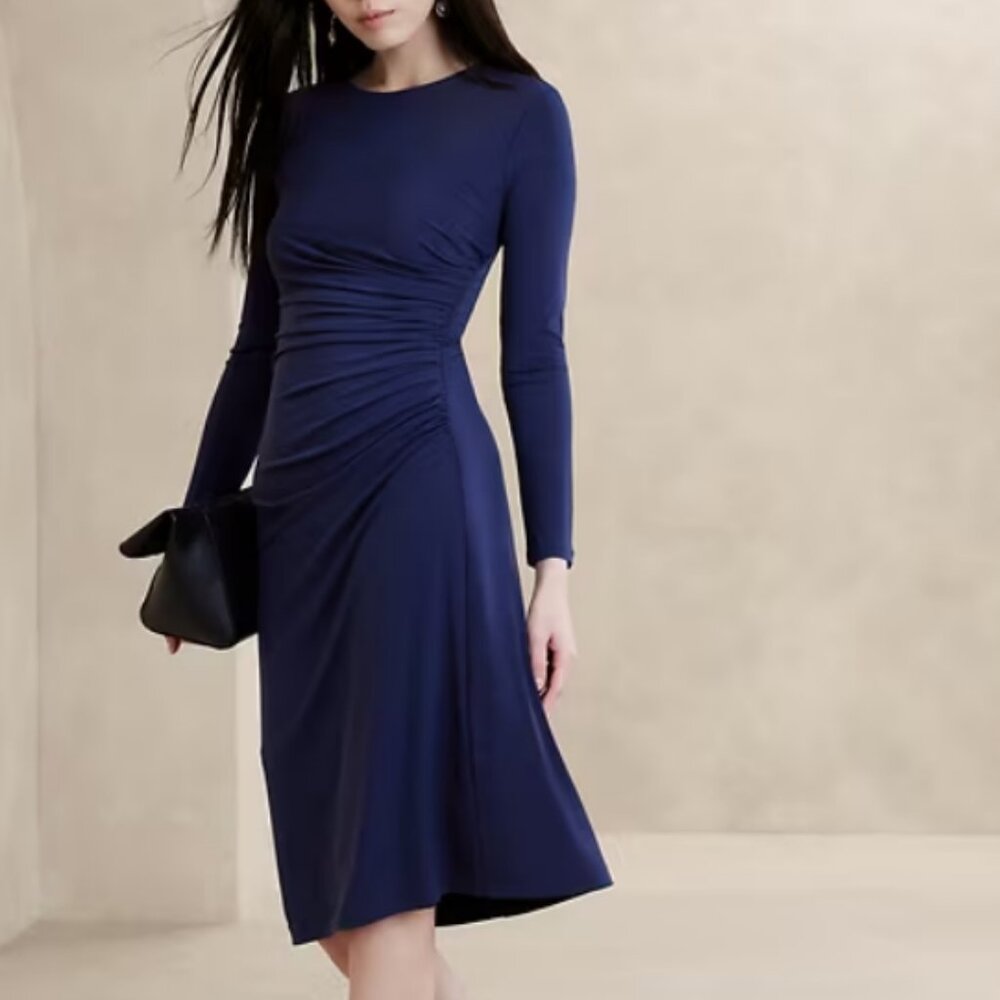 Banana Republic Factory Knit Shirred Midi Dress, XXL navy